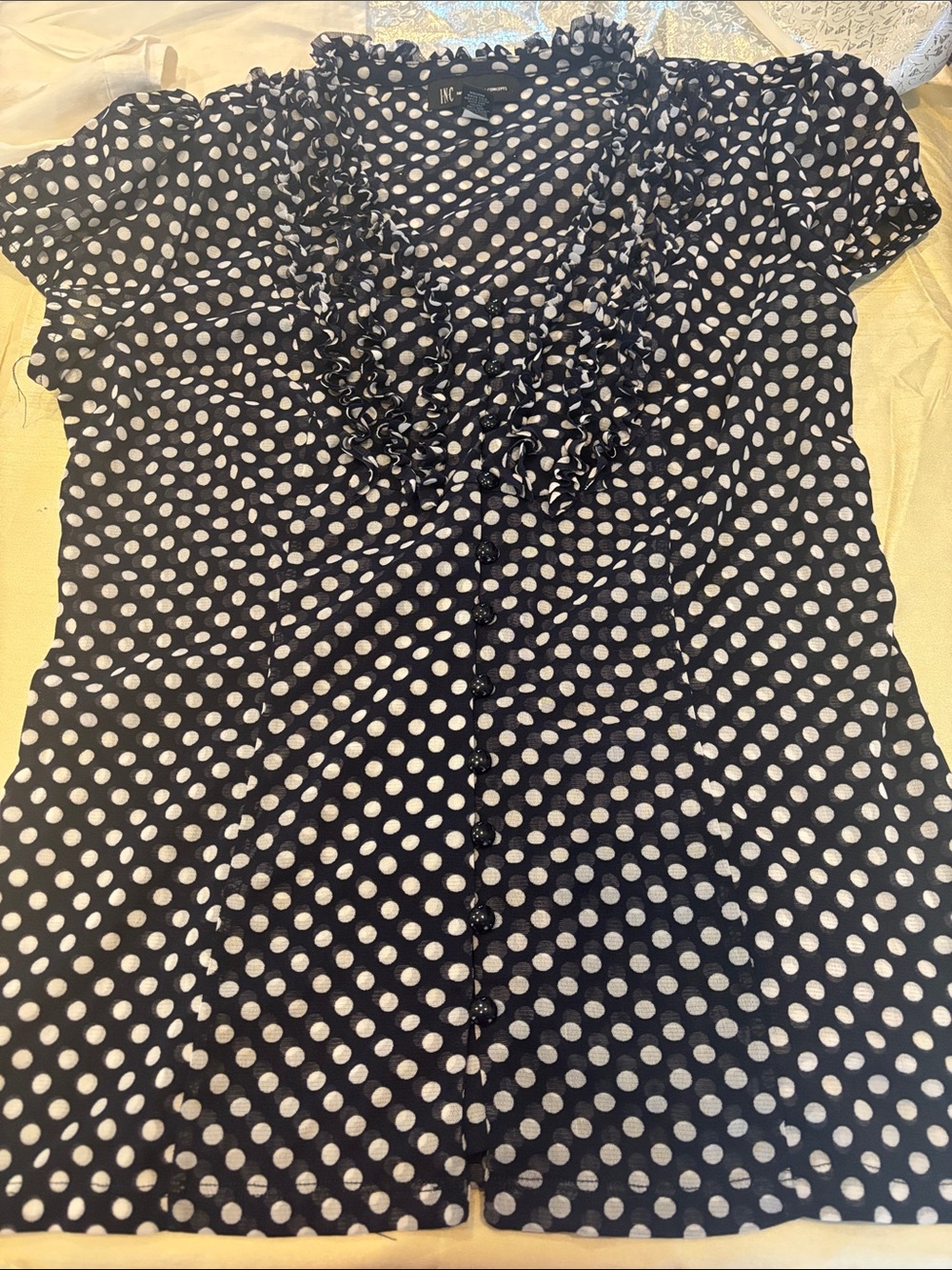 INC International Concepts Black and White Polka Dot Ruffle V-Neck Blouse